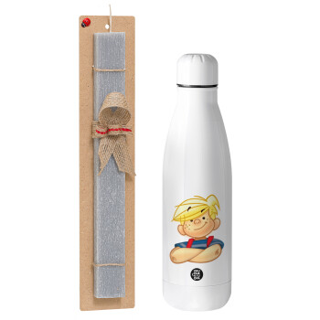 Dennis the Menace, Easter Set, metallic Inox water bottle (700ml) & Easter scented flat candle (30cm) (GRAY)