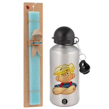 Dennis the Menace, Easter Set, metallic silver aluminum water bottle (500ml) & scented flat Easter candle (30cm) (TURQUOISE)