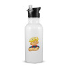 White water bottle with straw, stainless steel 600ml