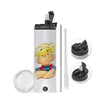 Ντένις ο τρομερός, Travel Tumbler θερμό με διπλό καπάκι, μεταλλικό καλαμάκι και βούρτσα καθαρισμού (Ανωξείδωτο 304 Food grade, BPA free, 600ml)