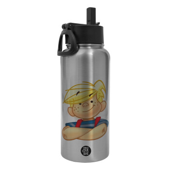 Dennis the Menace, Metal mug thermo Silver with Straw and Spout Lid (Stainless steel), double wall, 950ml