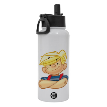 Dennis the Menace, Metal mug thermo White with Straw and Spout Lid (Stainless steel), double wall, 950ml