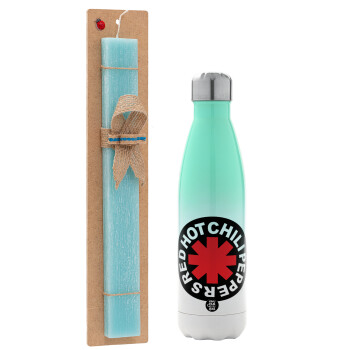 Red Hot Chili Peppers, Easter Set, Metallic green/white thermos (Stainless steel), double-walled, 500ml & scented flat Easter candle (30cm) (TURQUOISE)