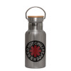 Stainless steel metallic thermos flask, silver with a bamboo lid, double-walled, 350ml.