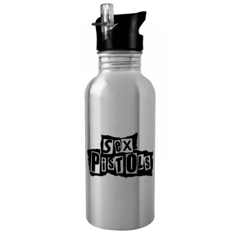 Sex Pistols, Water bottle Silver with straw, stainless steel 600ml