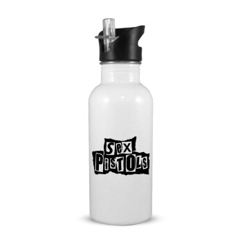 Sex Pistols, White water bottle with straw, stainless steel 600ml