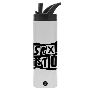 Sex Pistols, Metallic thermos bottle with straw & handle, stainless steel (Stainless steel 304), double-walled, 600ml.