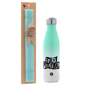 Sex Pistols, Easter Set, Metallic green/white thermos (Stainless steel), double-walled, 500ml & scented flat Easter candle (30cm) (TURQUOISE)