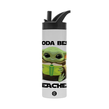 Yoda Best Teacher, Metallic thermos bottle with straw & handle, stainless steel (Stainless steel 304), double-walled, 600ml.