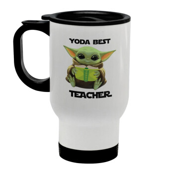 Yoda Best Teacher, Κούπα ταξιδιού ανοξείδωτη με καπάκι, διπλού τοιχώματος (θερμό) λευκή 450ml