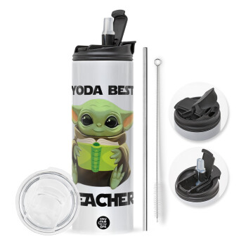 Yoda Best Teacher, Travel Tumbler θερμό με διπλό καπάκι, μεταλλικό καλαμάκι και βούρτσα καθαρισμού (Ανωξείδωτο 304 Food grade, BPA free, 600ml)