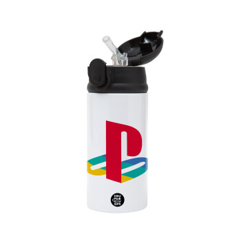 Playstation, Children's hot water bottle, stainless steel, with safety straw, Black (360ml) BPA-FREE