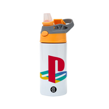 Playstation, Children's hot water bottle, stainless steel, with safety straw, Orange/Grey (360ml) BPA-FREE