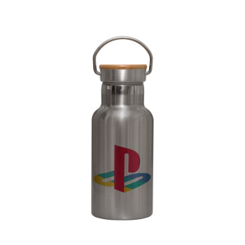 Playstation, Stainless steel metallic thermos flask, silver with a bamboo lid, double-walled, 350ml.