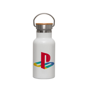 Playstation, Μεταλλικό παγούρι θερμός (Stainless steel) Λευκό με ξύλινο καπακι (bamboo), διπλού τοιχώματος, 350ml