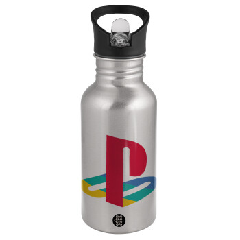 Playstation, Water bottle Silver with straw, stainless steel 500ml