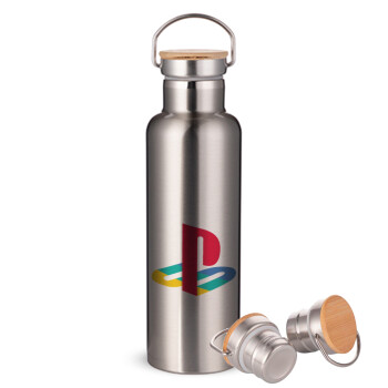 Playstation, Stainless steel Silver with wooden lid (bamboo), double wall, 750ml