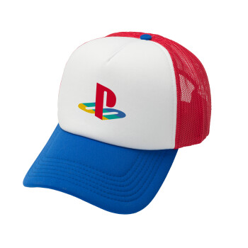 Playstation, Adult Soft Trucker Hat with Red/Blue/White Mesh (POLYESTER, ADULT, UNISEX, ONE SIZE)