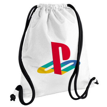 Playstation, Τσάντα πλάτης πουγκί GYMBAG λευκή, με τσέπη (40x48cm) & χονδρά κορδόνια