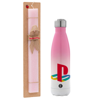 Playstation, Easter Set, Metallic pink/white (Stainless steel) thermos, double-walled, 500ml & aromatic flat Easter candle (30cm) (PINK)