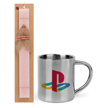 Playstation, Easter Set, metallic thermal cup (300ml) & aromatic flat Easter candle (30cm) (PINK)