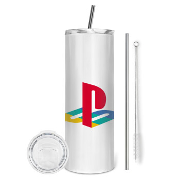 Playstation, Tumbler ποτήρι θερμό από ανοξείδωτο ατσάλι 600ml, με μεταλλικό καλαμάκι & βούρτσα καθαρισμού