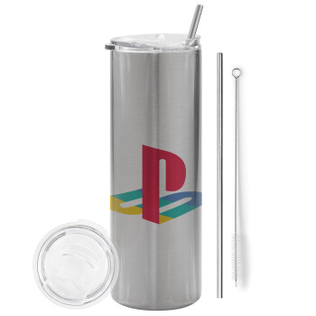 Playstation, Tumbler stainless steel Silver 600ml, with metal straw & cleaning brush