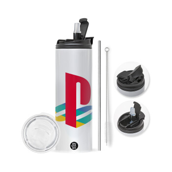 Playstation, Travel Tumbler θερμό με διπλό καπάκι, μεταλλικό καλαμάκι και βούρτσα καθαρισμού (Ανωξείδωτο 304 Food grade, BPA free, 600ml)