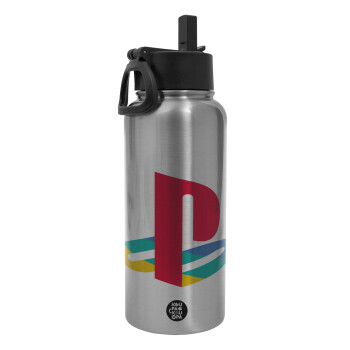 Playstation, Metal mug thermo Silver with Straw and Spout Lid (Stainless steel), double wall, 950ml