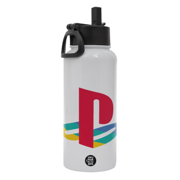 Playstation, Metal mug thermo White with Straw and Spout Lid (Stainless steel), double wall, 950ml