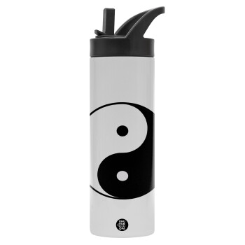 Yin Yang, Μεταλλικό παγούρι θερμός με καλαμάκι & χειρολαβή, ανοξείδωτο ατσάλι (Stainless steel 304), διπλού τοιχώματος, 600ml