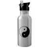 Water bottle Silver with straw, stainless steel 600ml