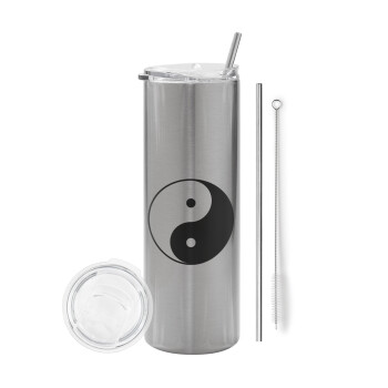 Yin Yang, Eco friendly stainless steel Silver tumbler 600ml, with metal straw & cleaning brush