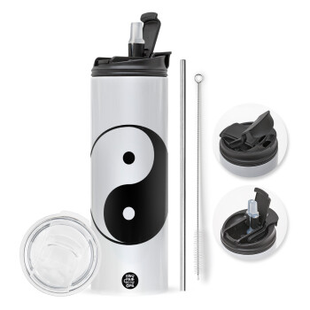 Yin Yang, Travel Tumbler 2 Lids, with metal straw & cleaning brush (Stainless steel 304 Food grade, BPA free, 600ml)