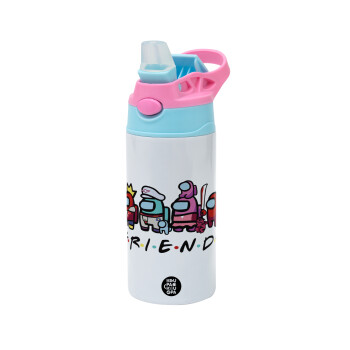 Among US Friends, Children's hot water bottle, stainless steel, with safety straw, Pink/BlueCiel (360ml) BPA FREE