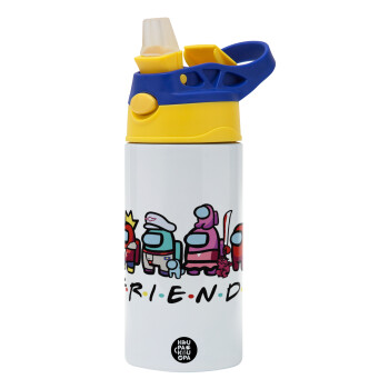 Among US Friends, Children's hot water bottle, stainless steel, with safety straw, green, blue (360ml) BPA FREE