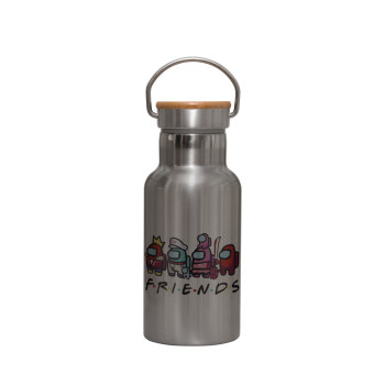 Among US Friends, Stainless steel metallic thermos flask, silver with a bamboo lid, double-walled, 350ml.