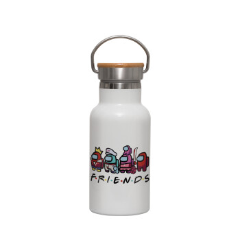 Among US Friends, Metallic thermos (Stainless steel) White with wooden lid (bamboo), double-walled, 350ml