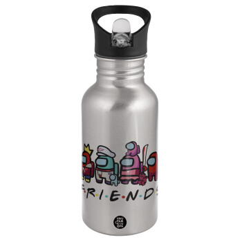 Among US Friends, Water bottle Silver with straw, stainless steel 500ml