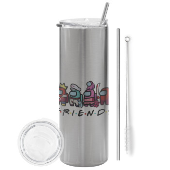 Among US Friends, Eco friendly ποτήρι θερμό Ασημένιο (tumbler) από ανοξείδωτο ατσάλι 600ml, με μεταλλικό καλαμάκι & βούρτσα καθαρισμού