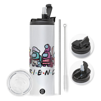 Among US Friends, Travel Tumbler θερμό με διπλό καπάκι, μεταλλικό καλαμάκι και βούρτσα καθαρισμού (Ανωξείδωτο 304 Food grade, BPA free, 600ml)