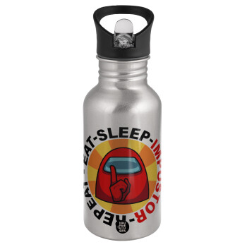 Among US Eat Sleep Repeat Impostor, Water bottle Silver with straw, stainless steel 500ml