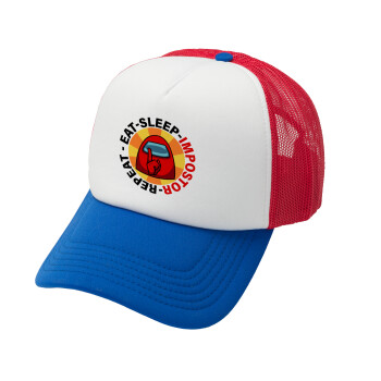 Among US Eat Sleep Repeat Impostor, Καπέλο Ενηλίκων Soft Trucker με Δίχτυ Red/Blue/White (POLYESTER, ΕΝΗΛΙΚΩΝ, UNISEX, ONE SIZE)