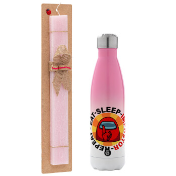 Among US Eat Sleep Repeat Impostor, Easter Set, Metallic pink/white (Stainless steel) thermos, double-walled, 500ml & aromatic flat Easter candle (30cm) (PINK)