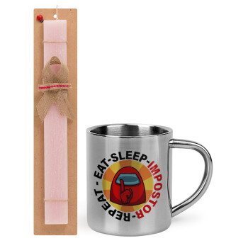 Among US Eat Sleep Repeat Impostor, Easter Set, metallic thermal cup (300ml) & aromatic flat Easter candle (30cm) (PINK)