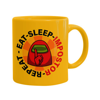 Among US Eat Sleep Repeat Impostor, Ceramic coffee mug yellow, 330ml