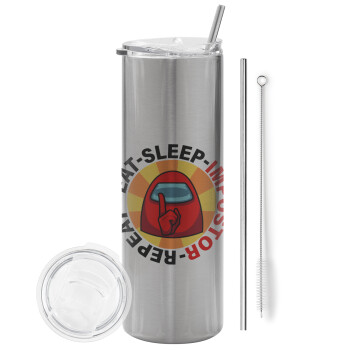 Among US Eat Sleep Repeat Impostor, Eco friendly stainless steel Silver tumbler 600ml, with metal straw & cleaning brush