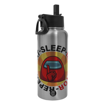 Among US Eat Sleep Repeat Impostor, Metal mug thermo Silver with Straw and Spout Lid (Stainless steel), double wall, 950ml