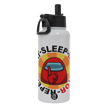 Among US Eat Sleep Repeat Impostor, Metal mug thermo White with Straw and Spout Lid (Stainless steel), double wall, 950ml