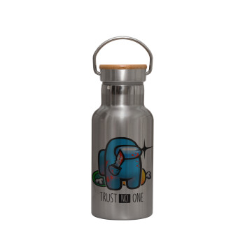 Among Trust no one, Stainless steel metallic thermos flask, silver with a bamboo lid, double-walled, 350ml.